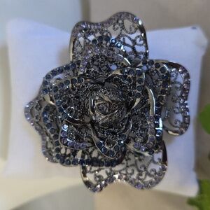 Vintage Statement Silver Blue Rhinestone Rose Flower Brooch Pin